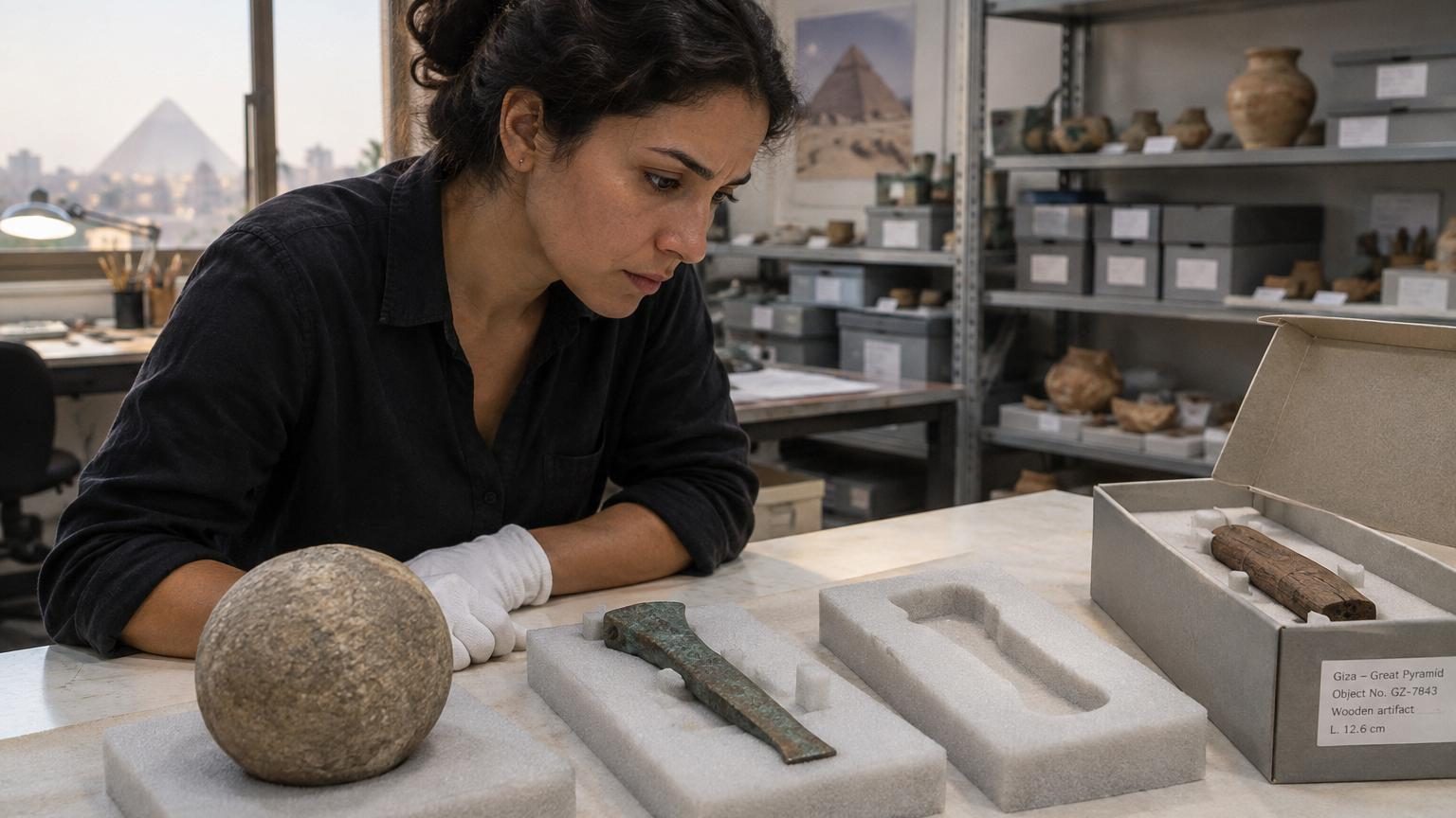 Vue de la Grande Pyramide de Gizeh en Égypte, monument colossal sous un ciel ensoleillé, avec trois petits artefacts illustrés : un crochet en cuivre, une boule de granit et des éclats de bois de cèdre.