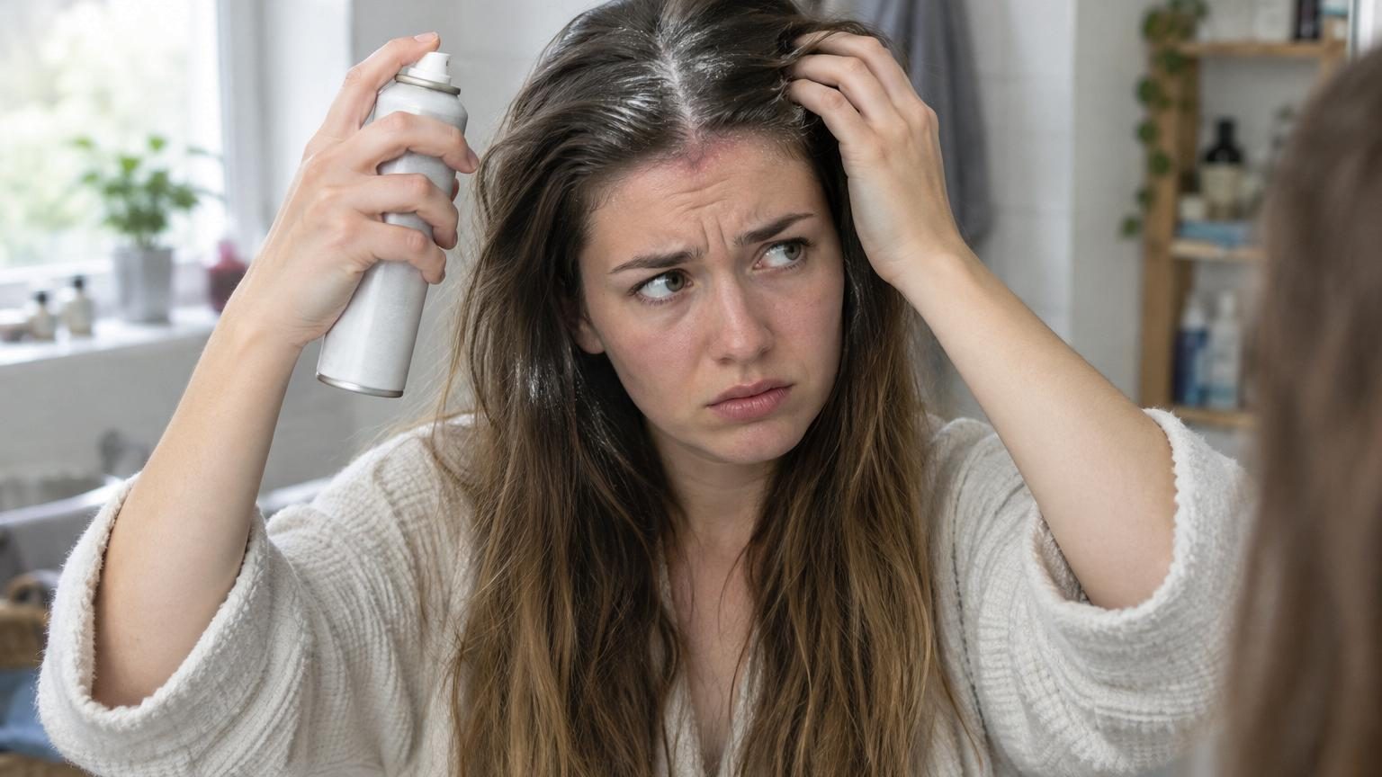 Bouteille de shampoing sec pulvérisé sur les racines des cheveux, avec accumulation visible de poudre blanche et résidus sur le cuir chevelu irrité.