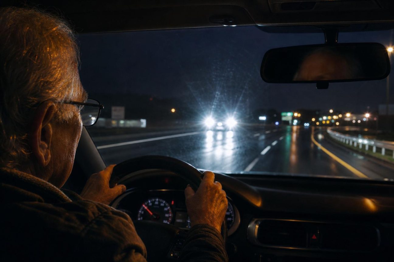 Conducteur de 74 ans au volant la nuit sur autoroute, serrant davantage le volant face aux phares en face, illustrant la gêne visuelle nocturne.