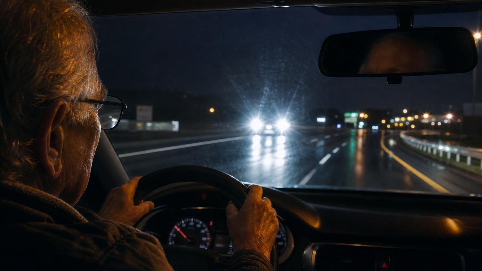 Conducteur de 74 ans au volant la nuit sur autoroute, serrant davantage le volant face aux phares en face, illustrant la gêne visuelle nocturne.