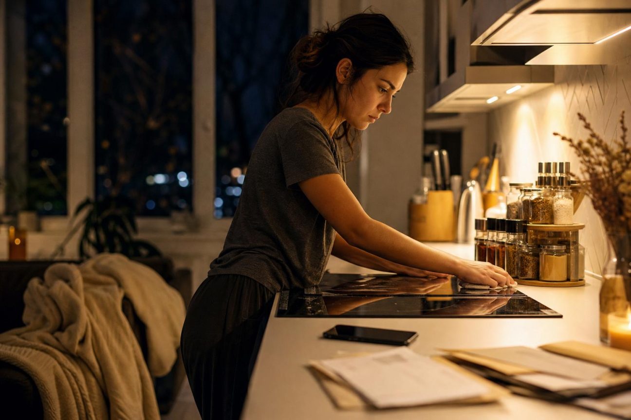 Plan de travail de cuisine en train d'être rangé minutieusement, avec une personne organisant des bocaux et des produits ménagers sous une lumière douce, symbolisant l'apaisement par l'ordre.
