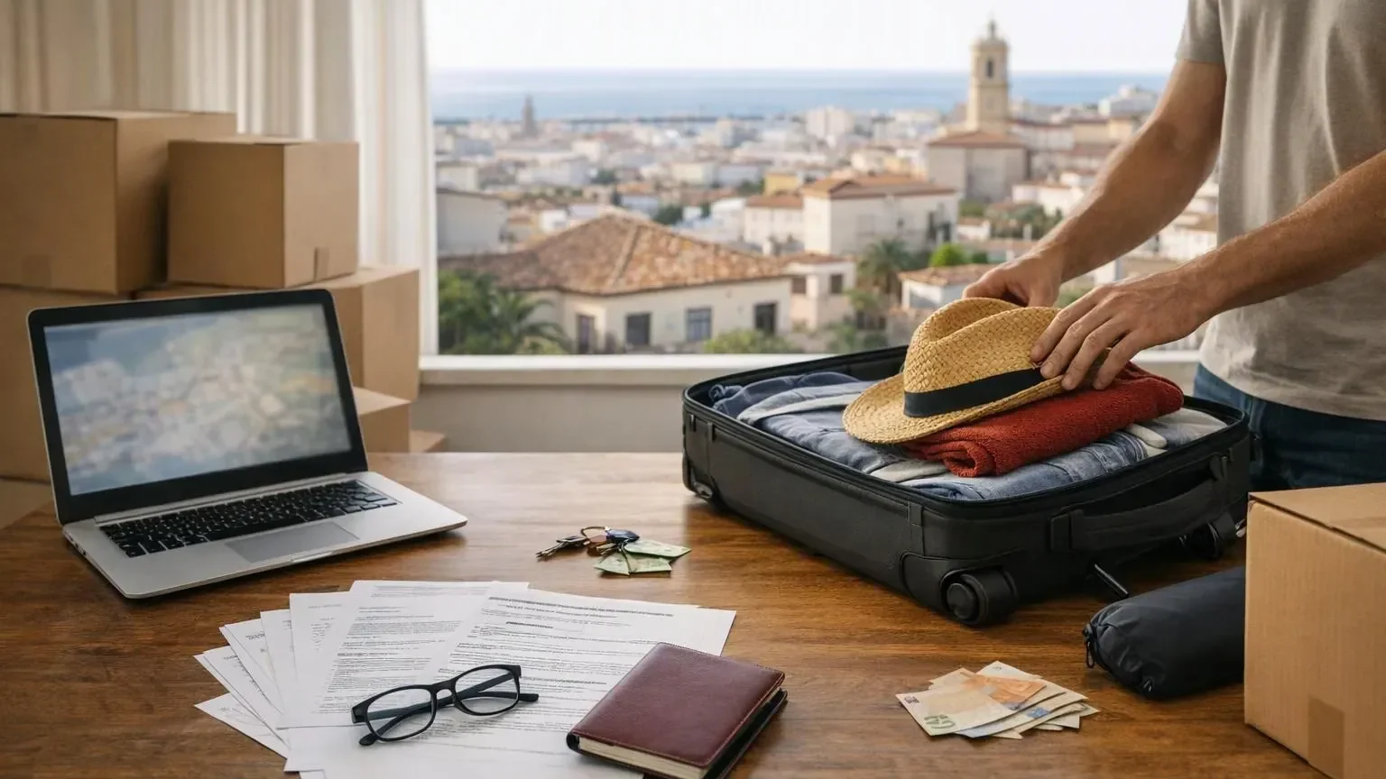 Document administratif avec formulaires espagnols, passeport européen et stylo sur un bureau, symbolisant les démarches d'installation en Espagne.
