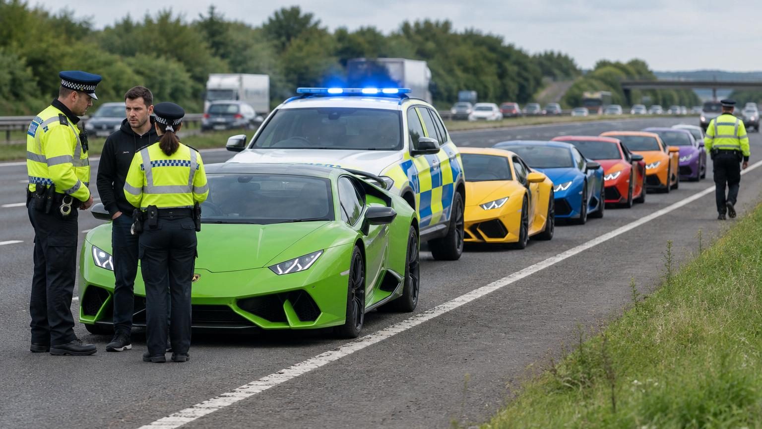 Six Lamborghini aux plaques étrangères immobilisées sur la bande d'arrêt d'urgence d'une autoroute britannique, gyrophares bleus des voitures de police visibles, une dépanneuse en arrière-plan.