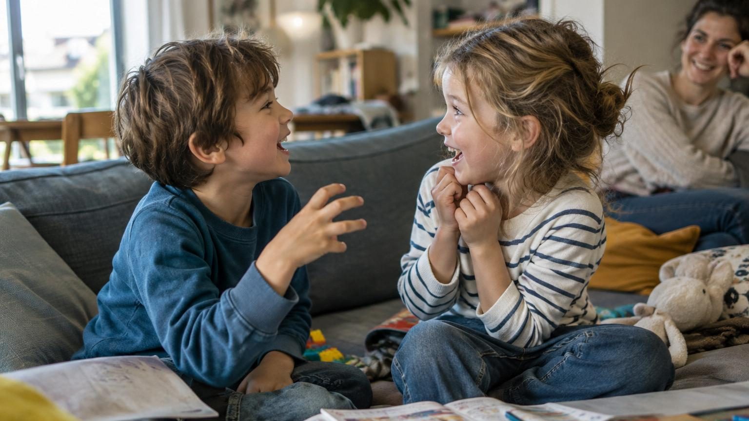 Groupe d'enfants en classe éclatant de rire et se regardant complices après avoir vu le nombre 67 affichée au tableau.