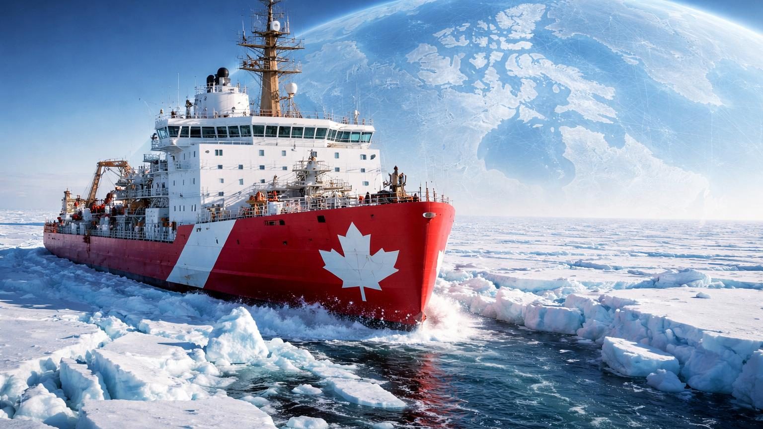 Brise-glace blanc et rouge navigant parmi les glaces épaisses de l'Arctique, avec des formations de banquise en arrière-plan sous un ciel polaire