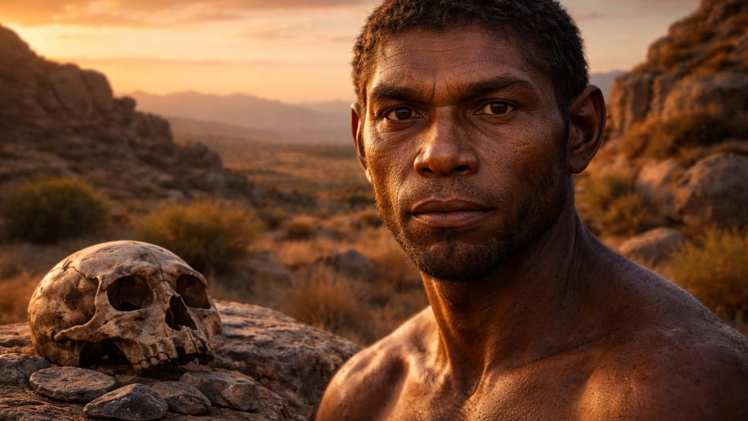 Reconstitution 3D d'un visage d'Homo sapiens précoce montrant un individu au regard concentré, aux traits familiers mais conservant certaines caractéristiques archaïques, basée sur un crâne fossile vieux de 315 000 ans découvert au Maroc.