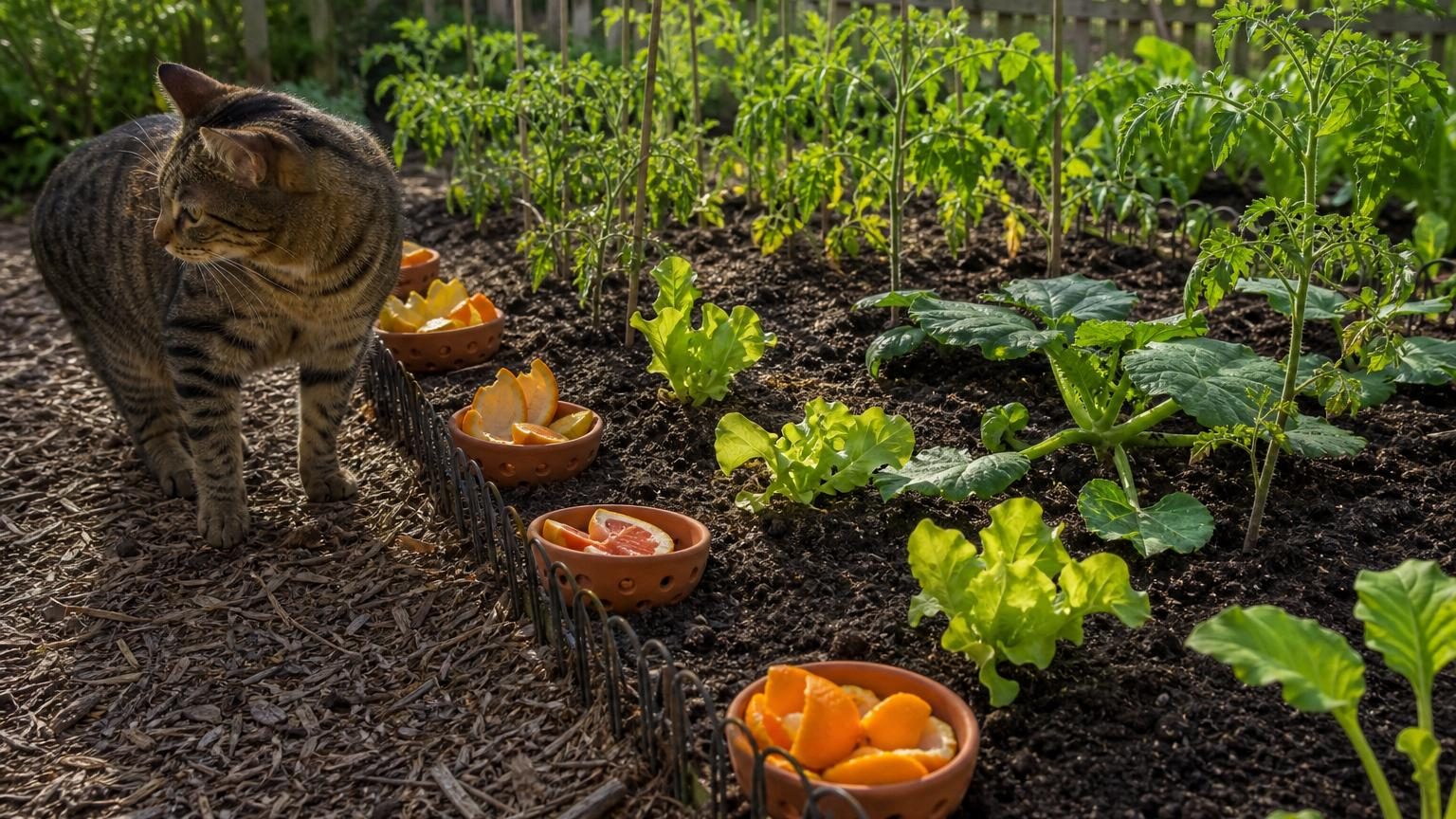 Un jardin potager en printemps avec des jeunes pousses vertes de courgettes, des peaux d'orange et de citron disposées dans des coupelles près du grillage pour éloigner les chats.