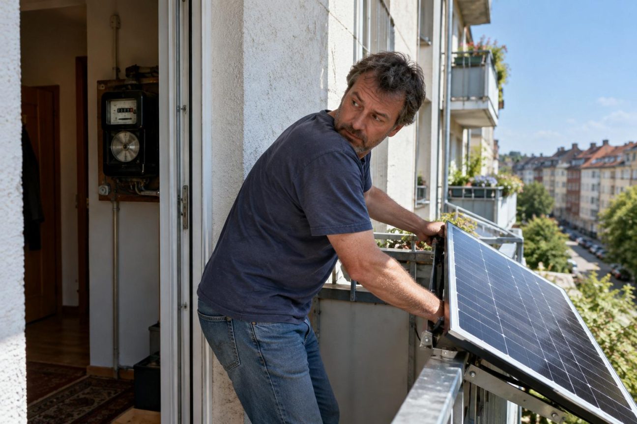 Un panneau solaire noir fixé sur un balcon blanc d'un immeuble résidentiel urbain, avec un compteur électrique visible à proximité.