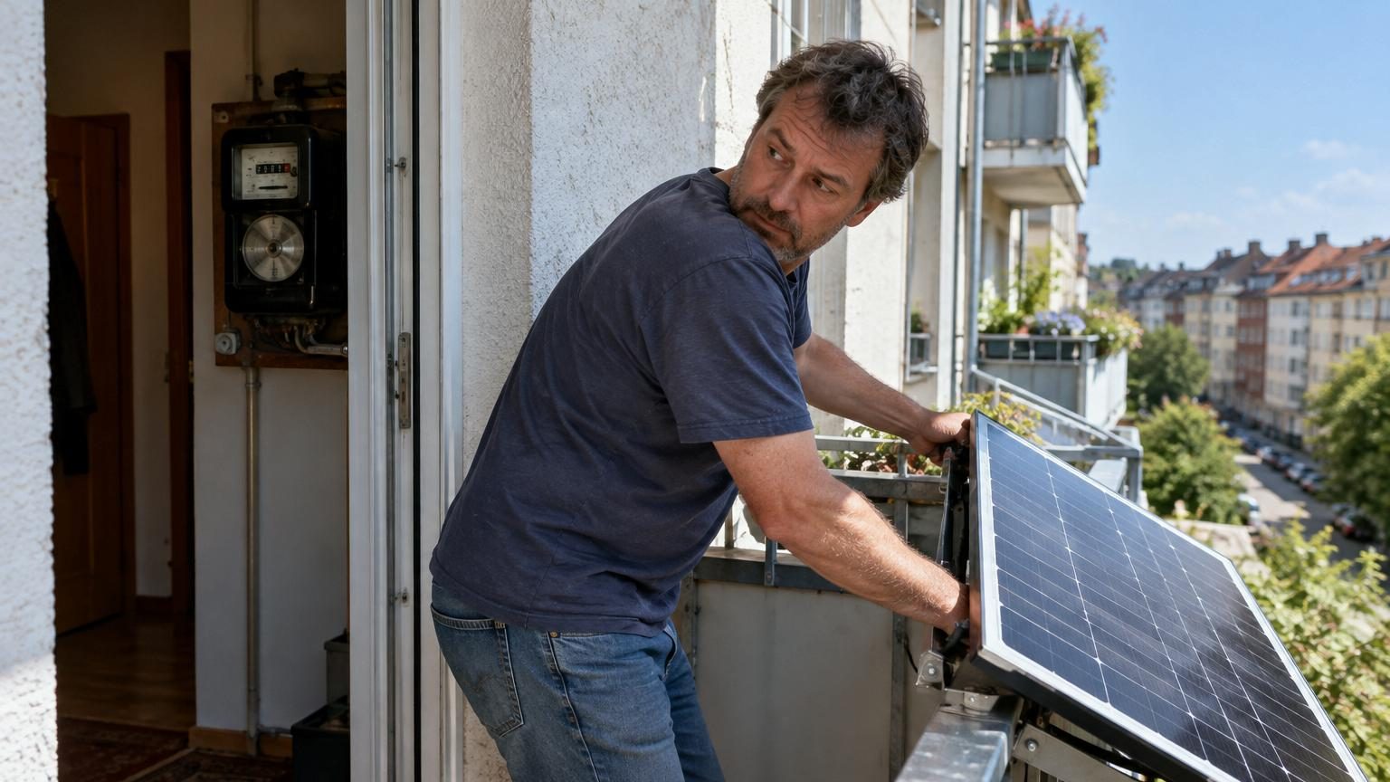 Un panneau solaire noir fixé sur un balcon blanc d'un immeuble résidentiel urbain, avec un compteur électrique visible à proximité.