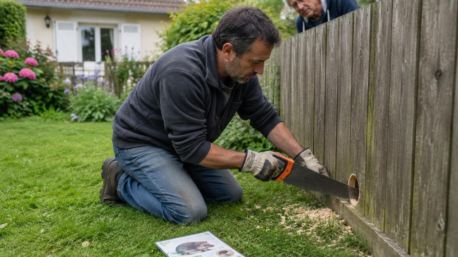 Gros plan sur un carré de 13 centimètres découpé au bas d'une clôture grillagée, laissant entrevoir l'herbe de l'autre côté, conçu comme passage pour les hérissons.