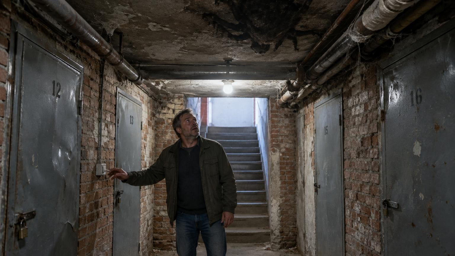 Cave sombre d'immeuble ancien aux murs humides, porte fermée avec ampoule éteinte, tache sombre floue au plafond
