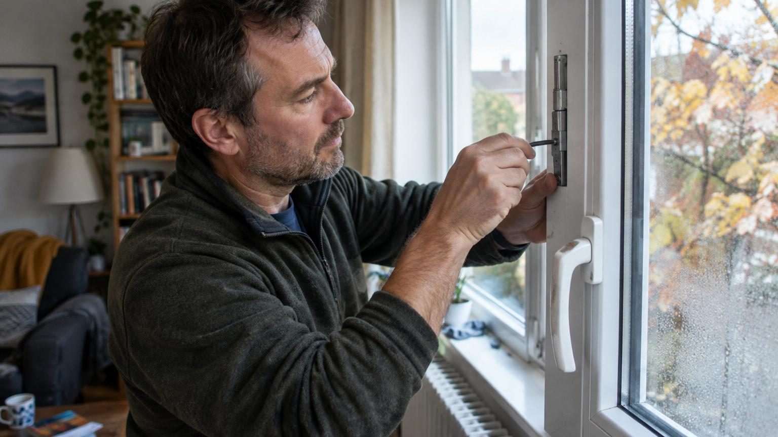 Un homme en pull ajuste les ferrures d'une fenêtre PVC avec une clé Allen lors d'une visite d'automne à la mi-octobre.