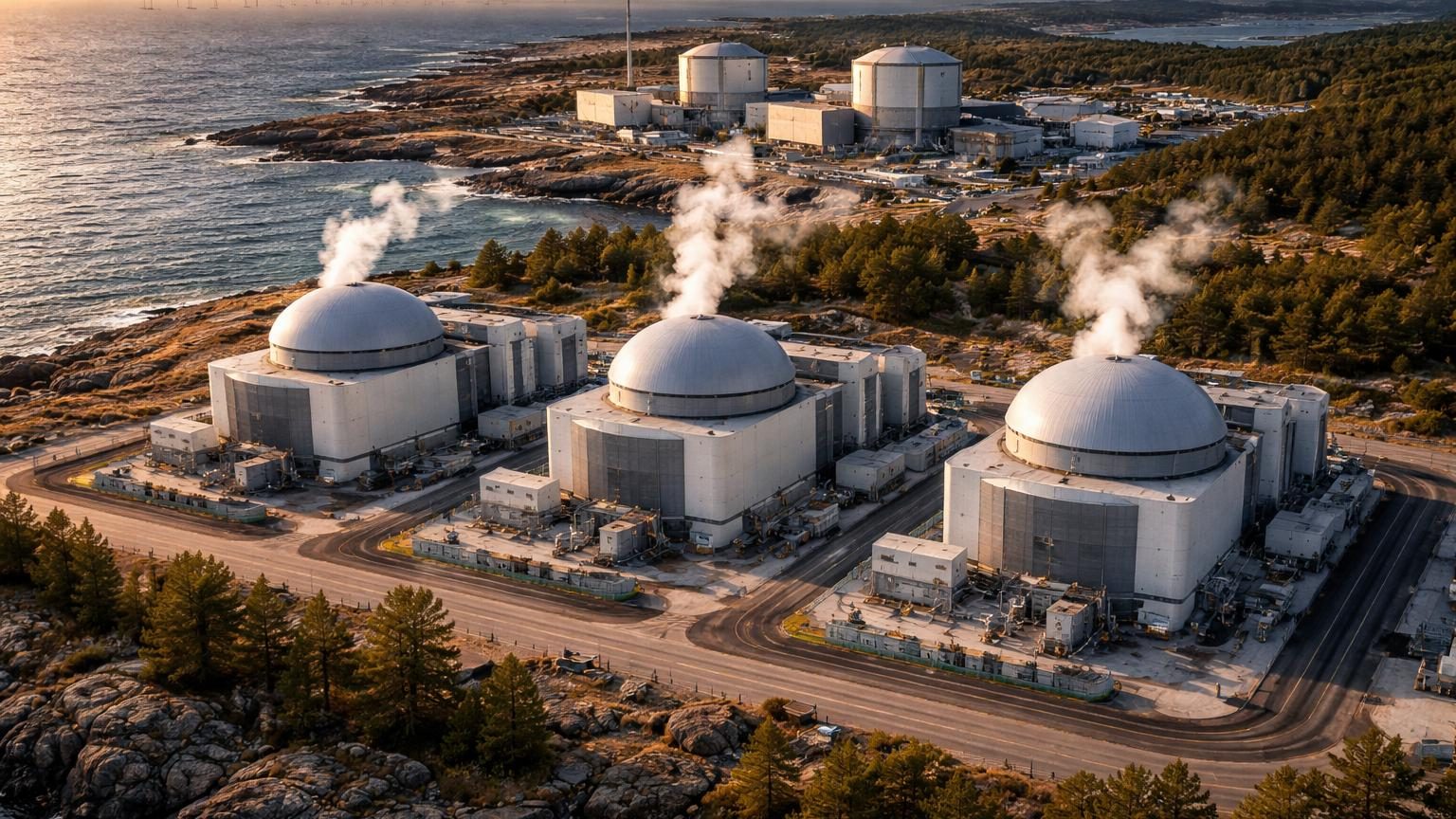 Illustration conceptuelle montrant trois réacteurs modulaires Rolls-Royce SMR sur le site côtier de Ringhals en Suède, avec des tours de refroidissement et une infrastructure nucléaire moderne.