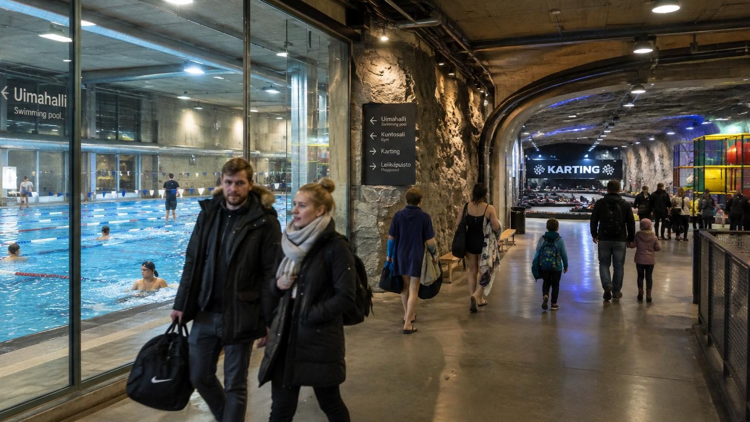 Vue intérieure d'une piscine spectaculaire creusée dans le granit, avec carrelage coloré lavande, jaune et bordeaux, formes géométriques suspendues au plafond et parois rocheuses visibles.