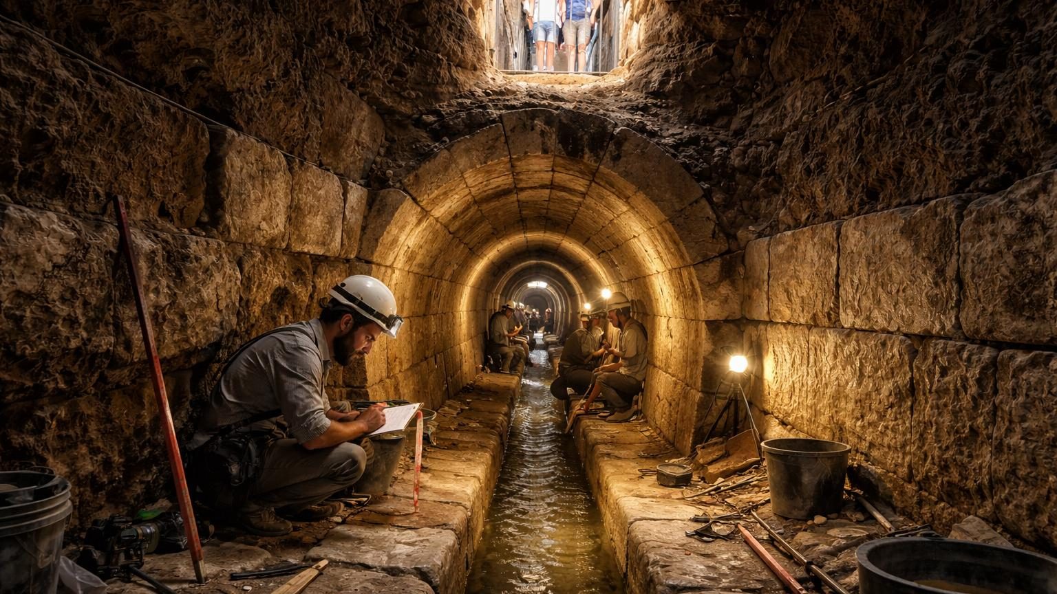 Vue intérieure d'un ancien conduit de pierre romaine souterrain à Jérusalem, aux parois soigneusement taillées et aux blocs régulièrement ajustés, datant de près de 2 000 ans.