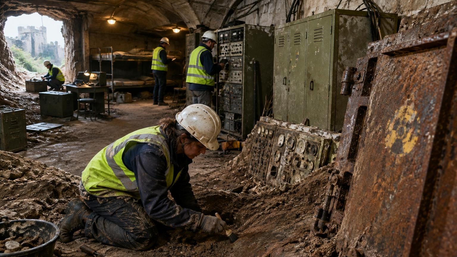 Intérieur d'un bunker souterrain aux murs gris-vert avec lits superposés, boîtes de conserve anciennes et masques à gaz rangés, figé depuis les années 1960.