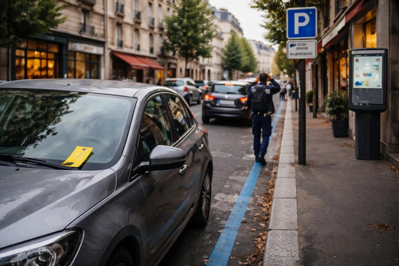 Rue urbaine avec panneau de stationnement fraîchement installé, ligne jaune au sol et automobiliste découvrant une contravention sous son essuie-glace.