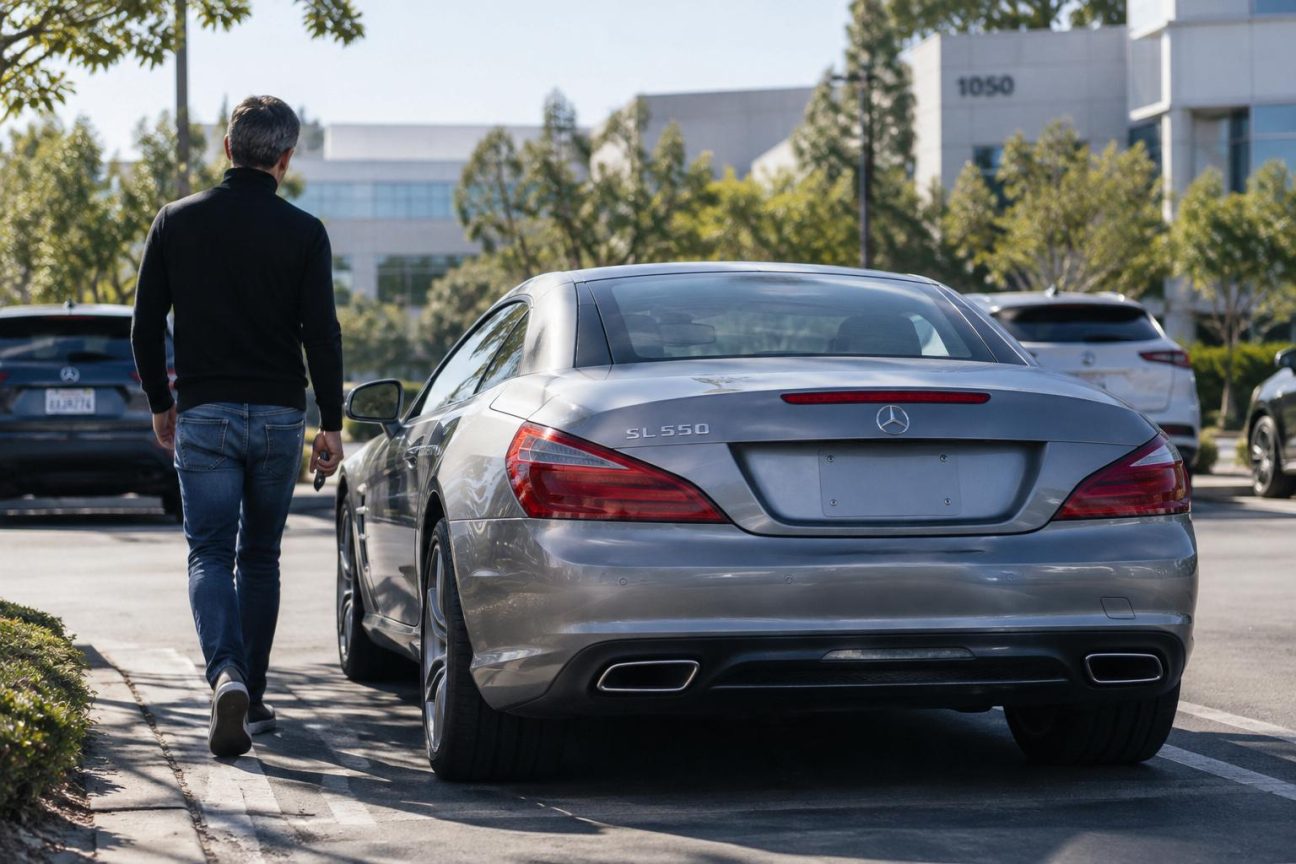 Mercedes grise sans plaque d'immatriculation stationnée en Californie, illustrant l'astuce légale de Steve Jobs pour rouler sans identification administrative imposée.