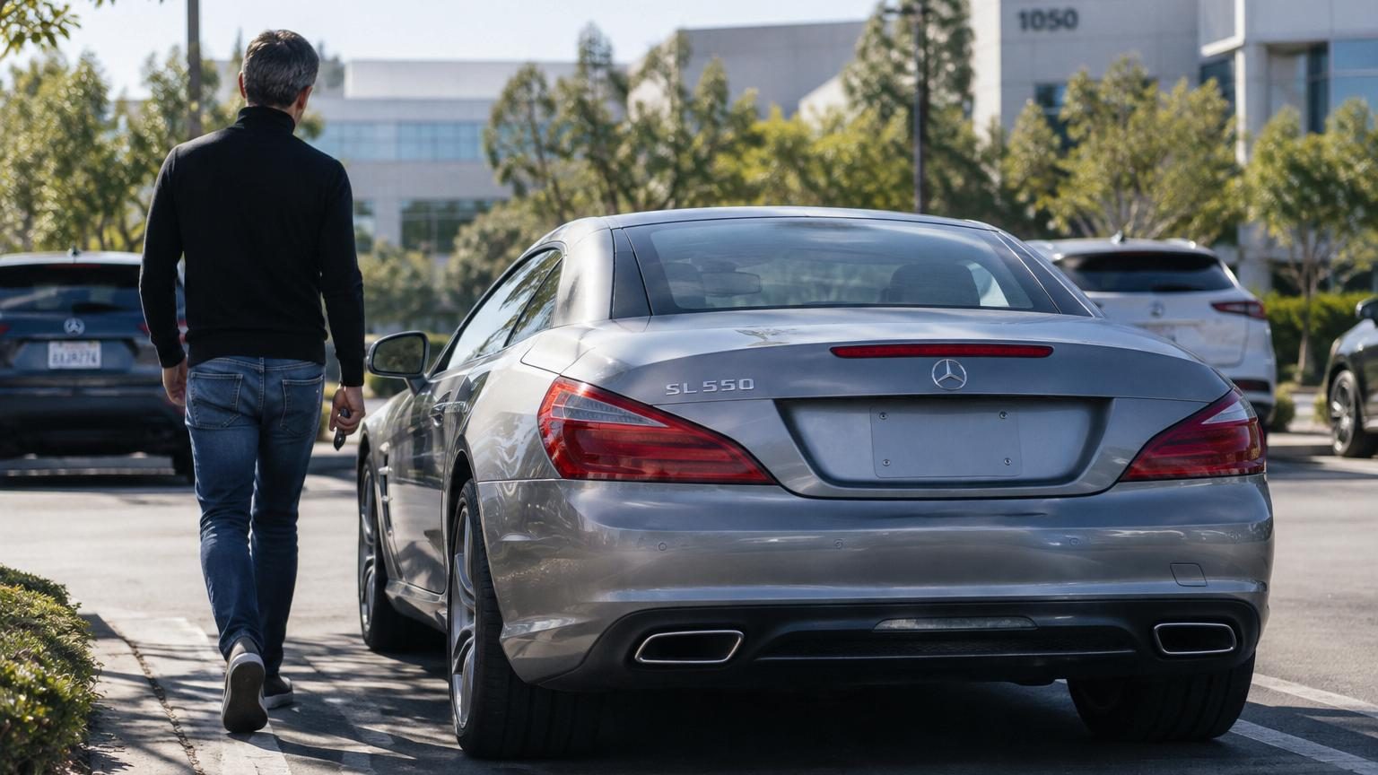 Mercedes grise sans plaque d'immatriculation stationnée en Californie, illustrant l'astuce légale de Steve Jobs pour rouler sans identification administrative imposée.