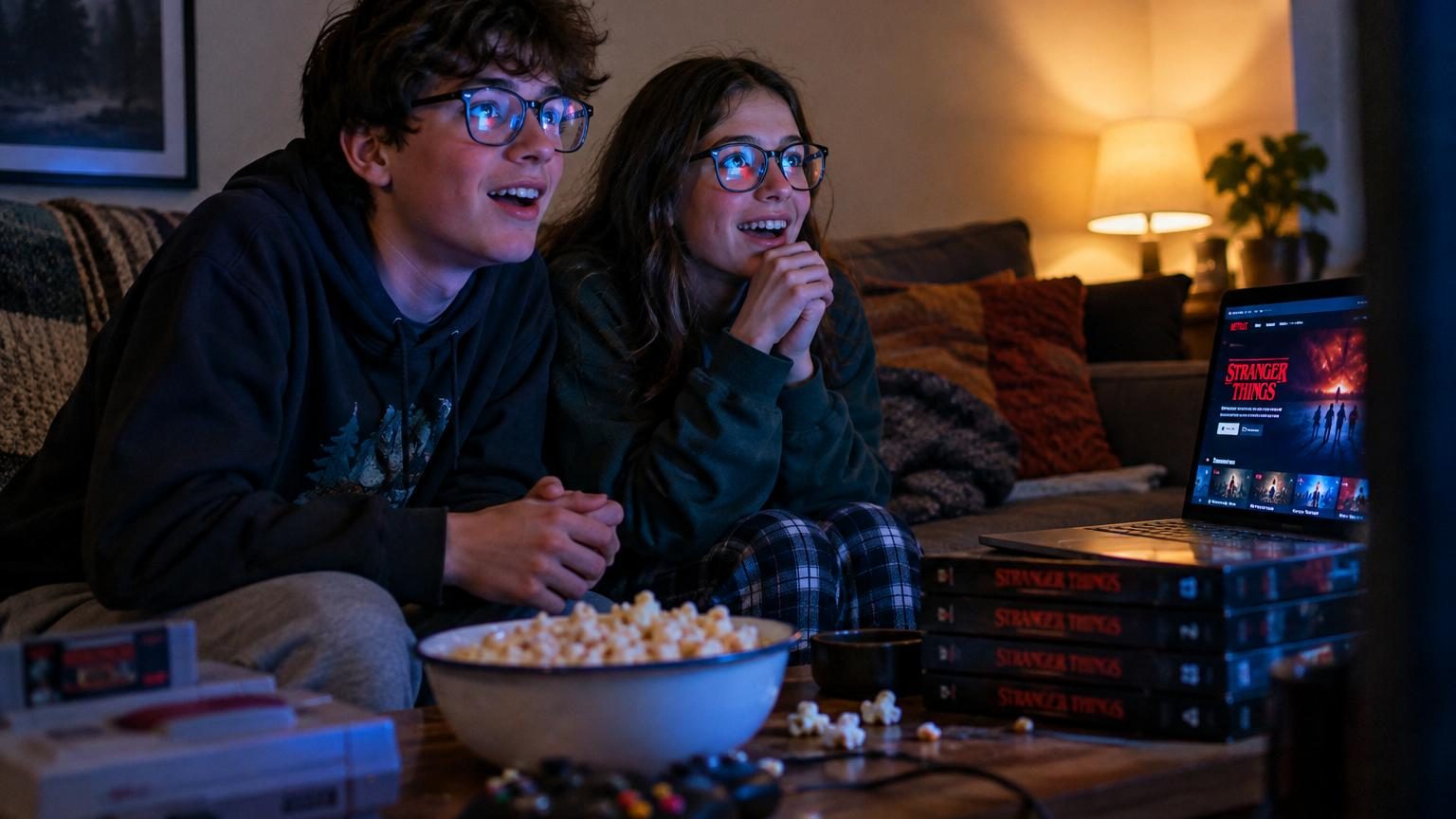 Illustration représentant les personnages principaux de Stranger Things face au Monde à l'envers avec une ambiance fantastique et rétro