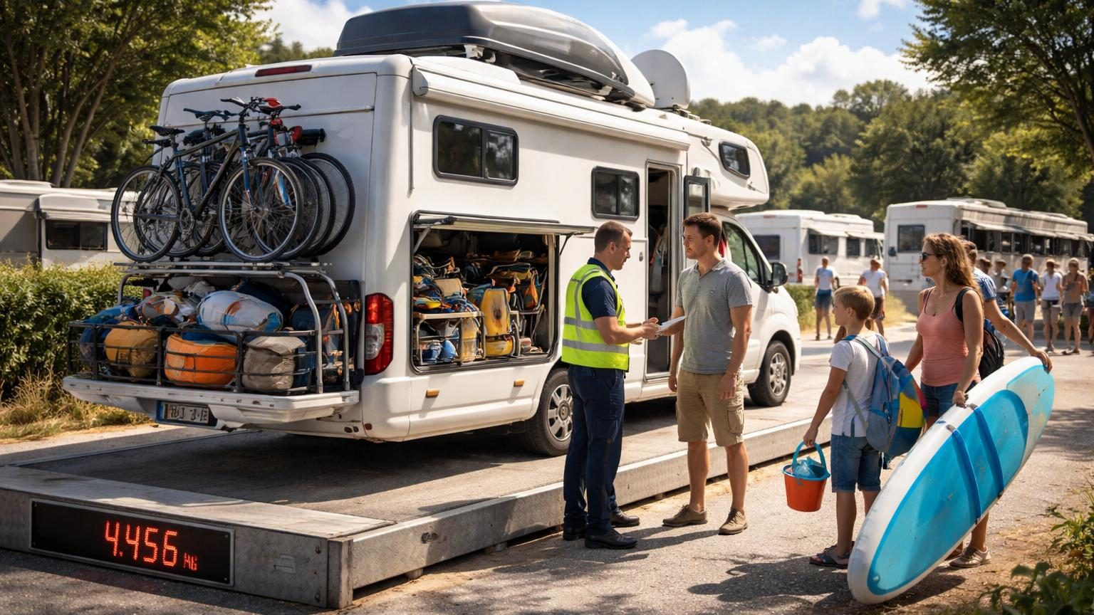 Un controleur en gilet jaune inspecte un camping-car sur un parking de vacances tandis que les autres vacanciers observent la scène, inquiets.