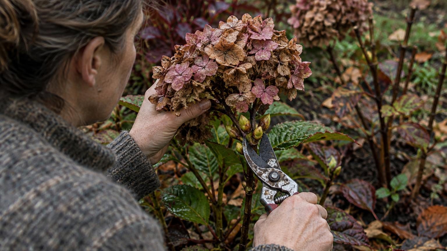 Hortensia aux fleurs roses fanées en automne, avec ses tiges encore en place formant une structure protectrice autour des bourgeons hivernaux