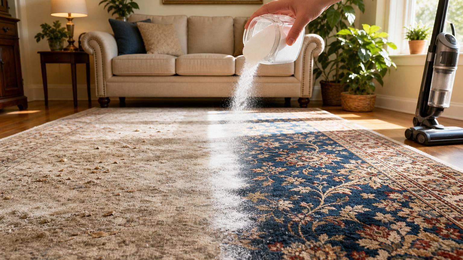 Tapis clair parsemé de poussière avec un verre renversé et une application de poudre blanche de bicarbonate de soude pour le rafraîchir