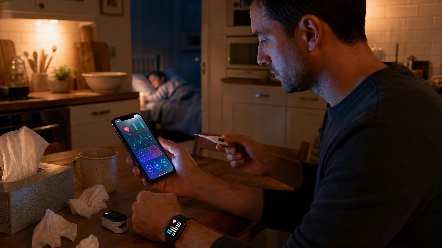 Parent la nuit tenant un smartphone éclairant un thermomètre et des mouchoirs, confronté à l'hésitation entre attendre le matin ou consulter les urgences