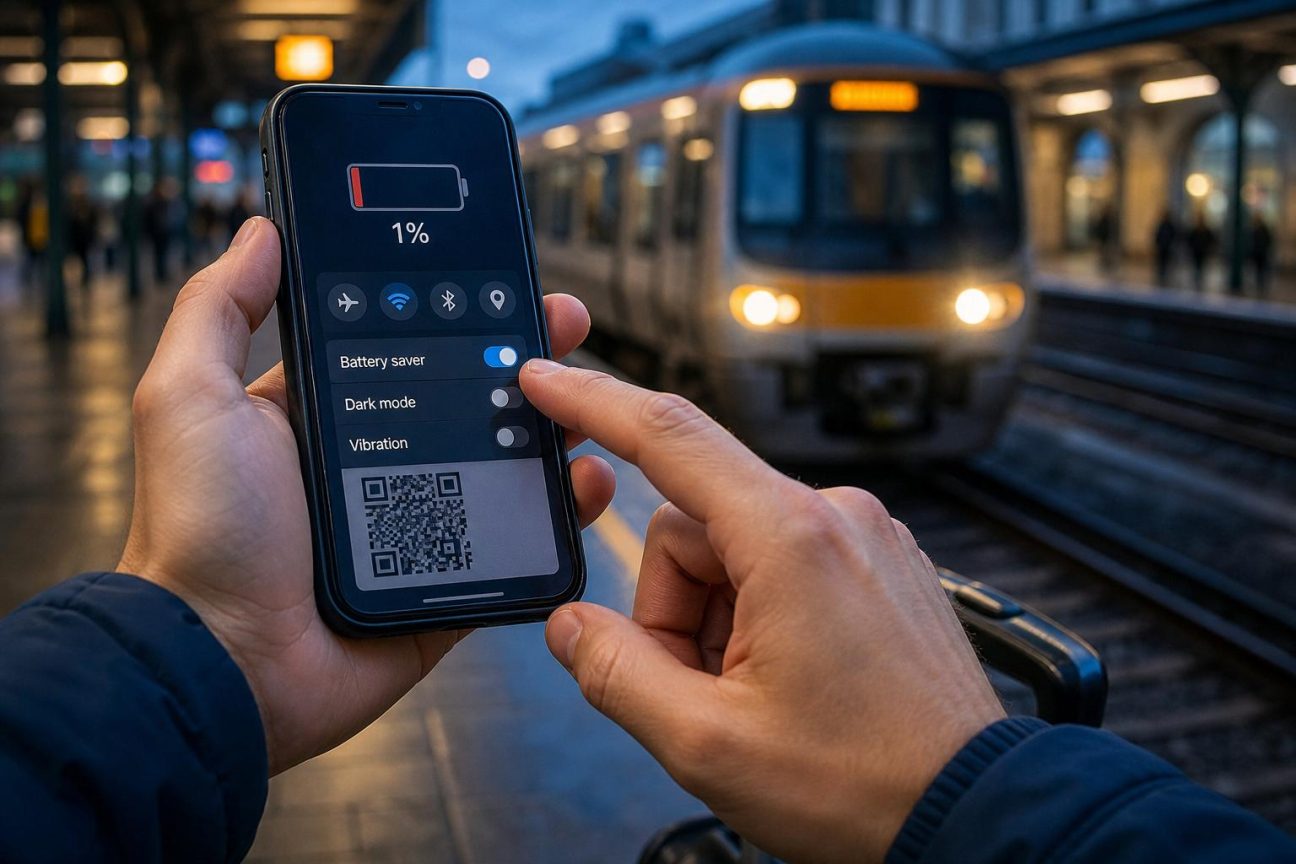 Écran de téléphone affichant 1 % de batterie en rouge avec des icônes de réglages (luminosité, Bluetooth, GPS) à proximité, illustrant les actions d'urgence pour prolonger l'autonomie