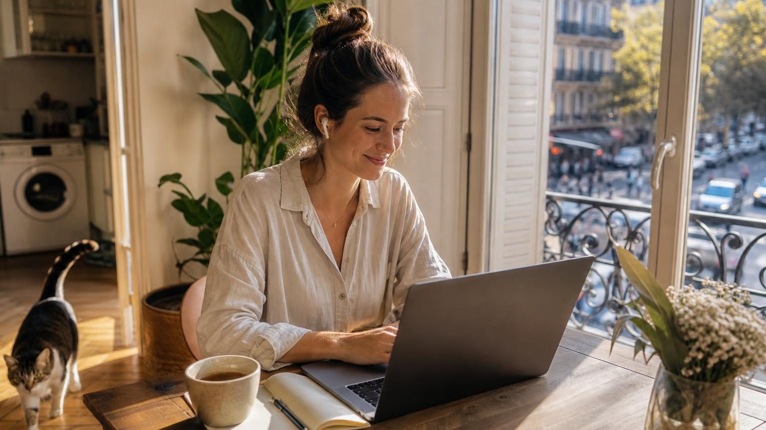 Un bureau à domicile confortable : ordinateur portable sur un coin de table bien éclairé avec chaise ergonomique, symbolisant le télétravail organisé.