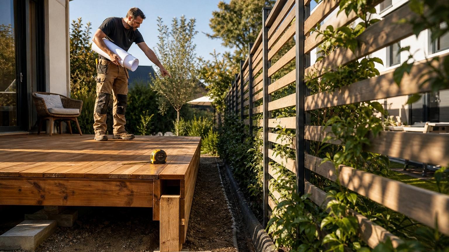 Terrasse en bois surélevée d'environ 80 centimètres installée près d'une clôture en panneau, offrant une vue surplombante sur le jardin voisin avec sa terrasse et ses baies vitrées.