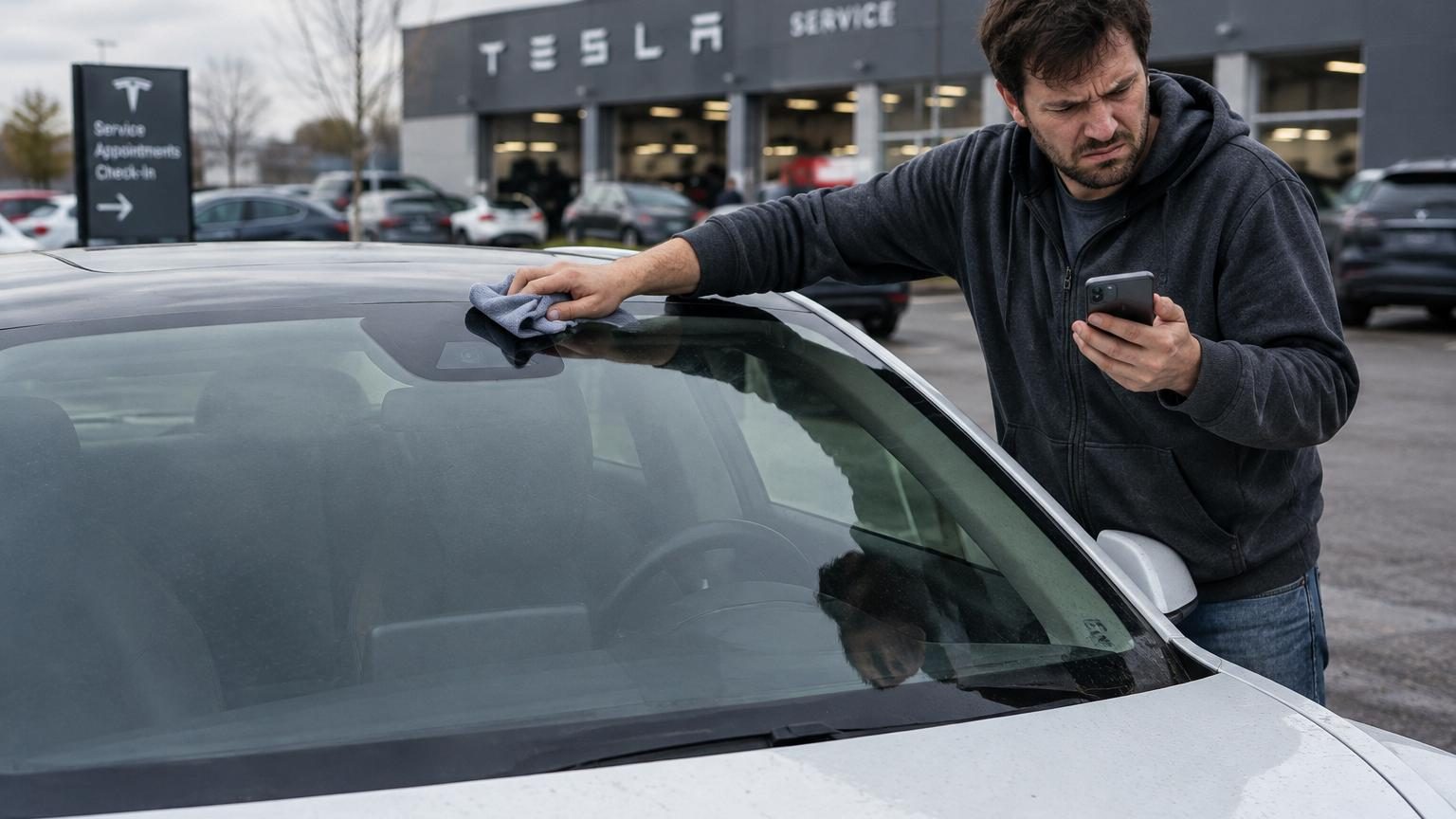 Illustration d'un écran de tableau de bord Tesla affichant un avertissement lumineux sur la visibilité des caméras, avec un pare-brise propre en arrière-plan.