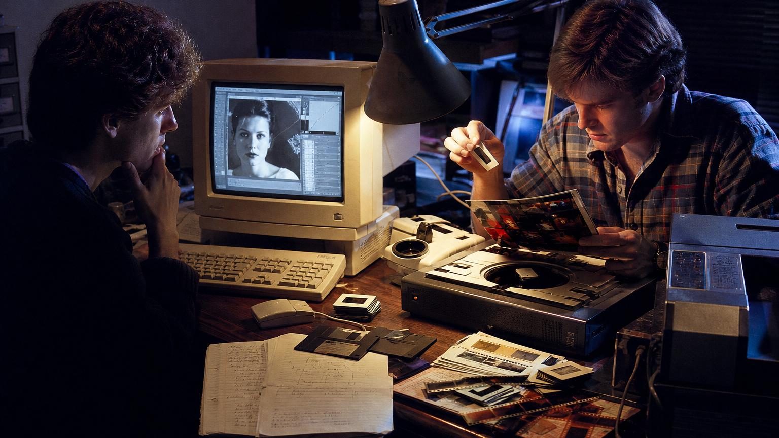 Interface historique de Photoshop montrant les outils et panneaux de retouche photo, avec des menus simples et monochromes rappelant les débuts du logiciel en 1990.
