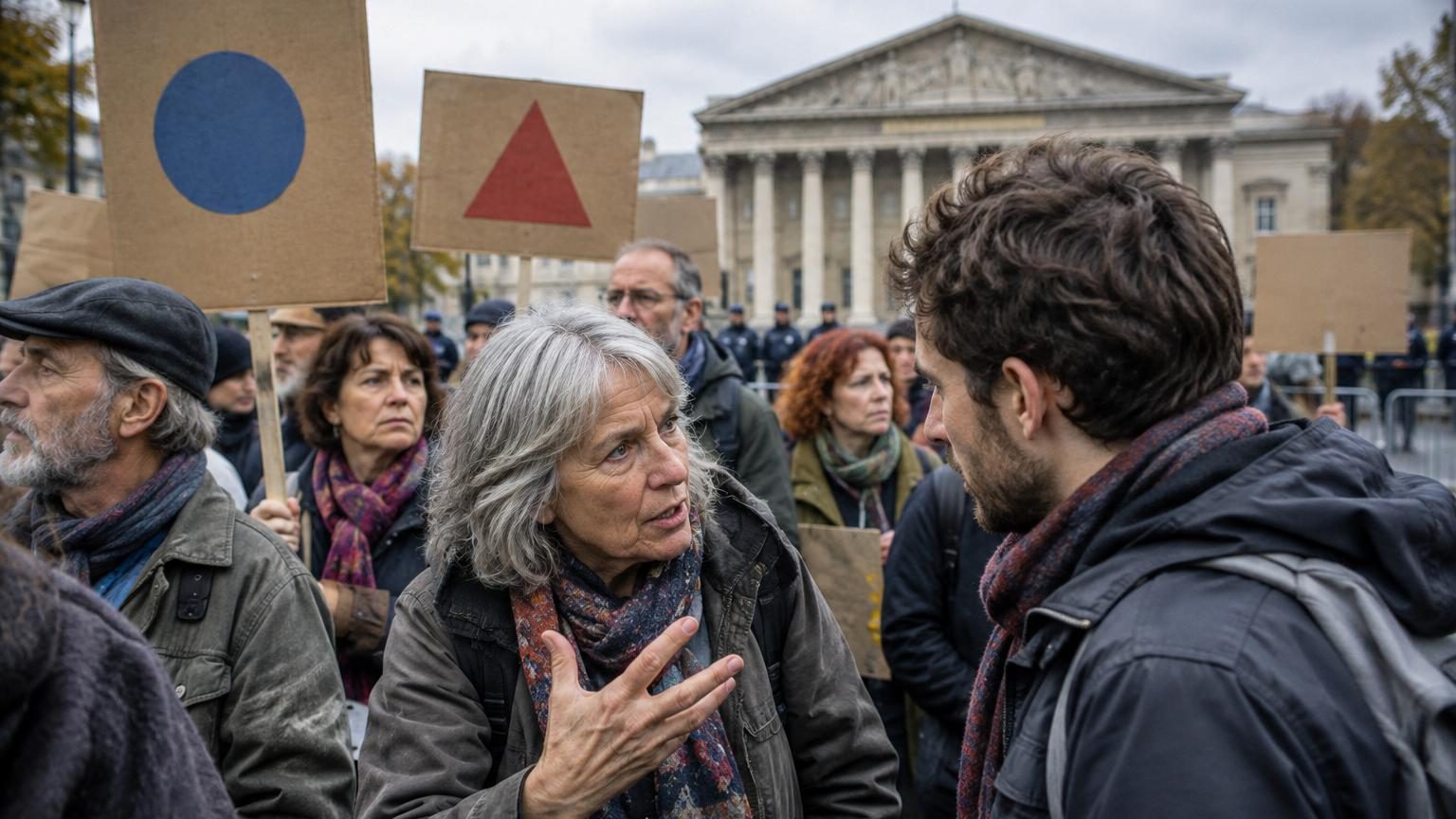 File d'attente à la boulangerie avec une retraitée comptant ses pièces et un livreur consulant son téléphone, symbolisant les préoccupations ordinaires face à la réforme des retraites.