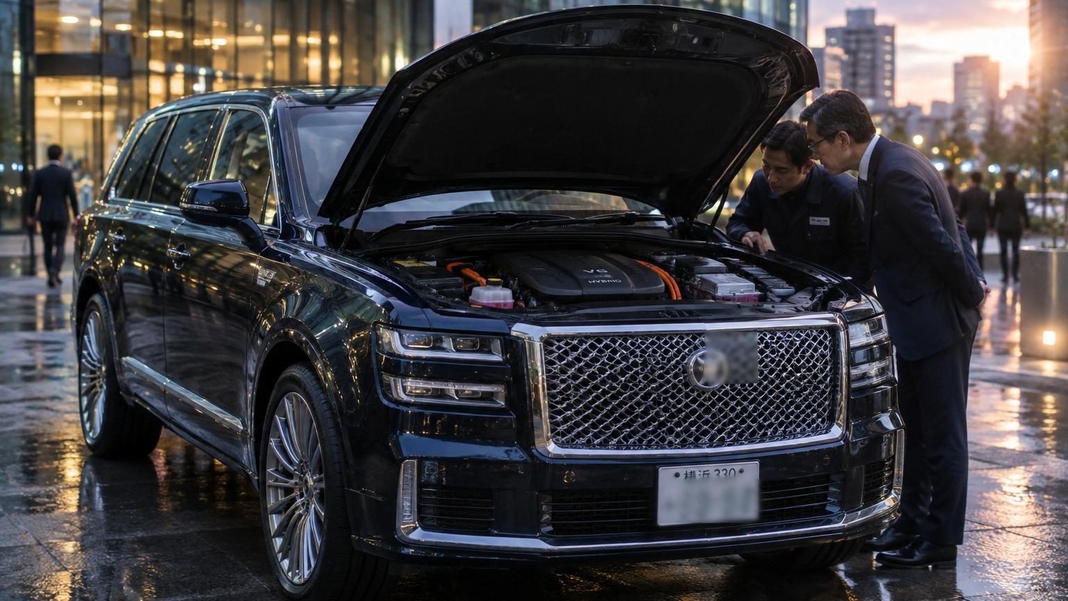 Un imposant SUV de luxe Toyota de couleur sombre stationnée devant un bâtiment prestigieux, aux lignes épurées et à la calandre verticale marquée.