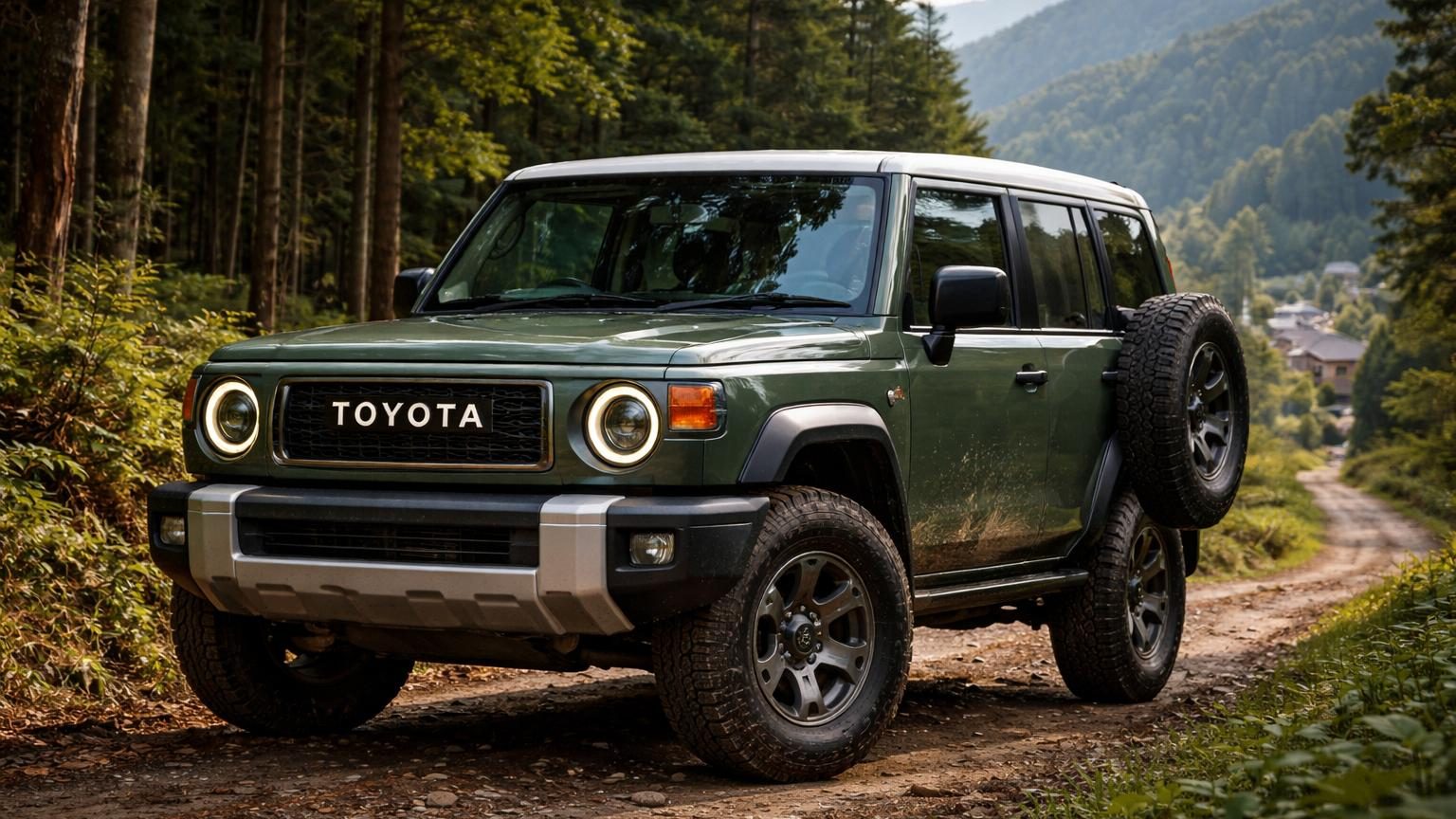 Toyota Land Cruiser FJ compact beige-taupe de profil, phares ronds et calandre verticale rétro, sur piste de terre avec végétation montagnarde en arrière-plan