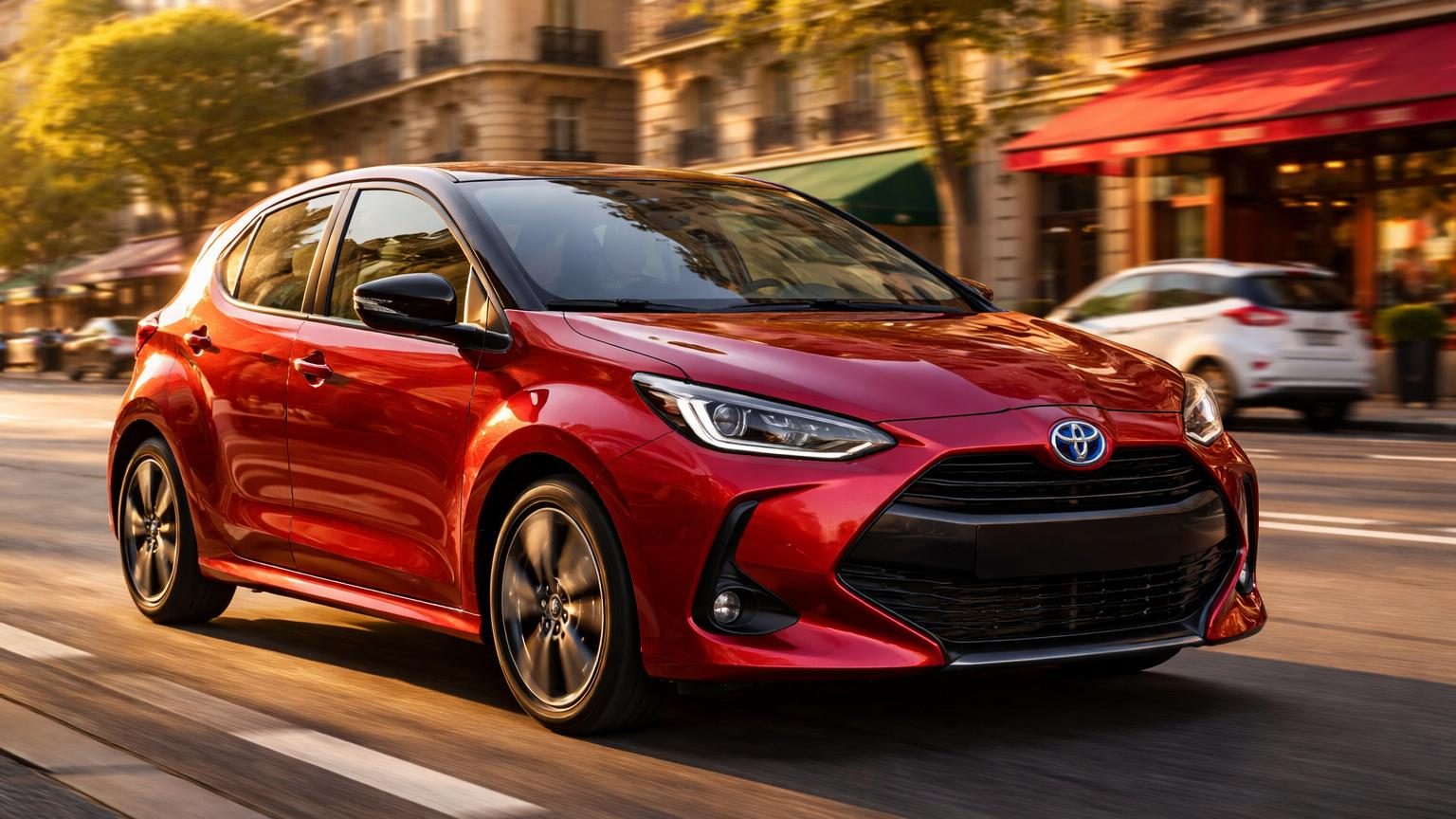 Toyota Yaris hybride compacte garée en environnement urbain, illustrant sa motorisation sans prise de recharge