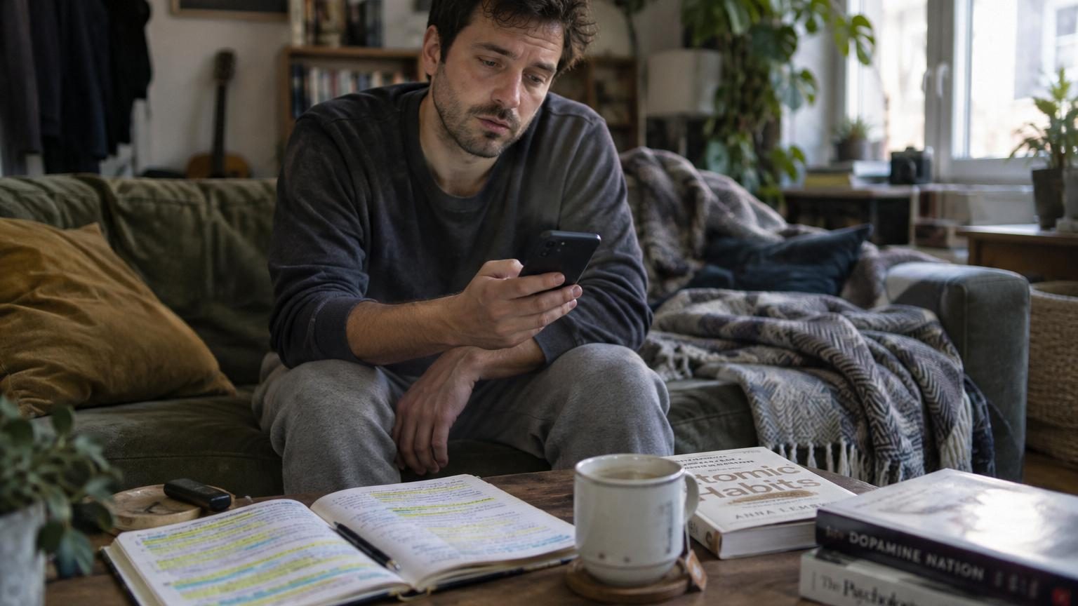 Un homme assis sur un canapé scrolle sur son téléphone entouré de livres de développement personnel, symbolisant l'effort mental sans action concrète.