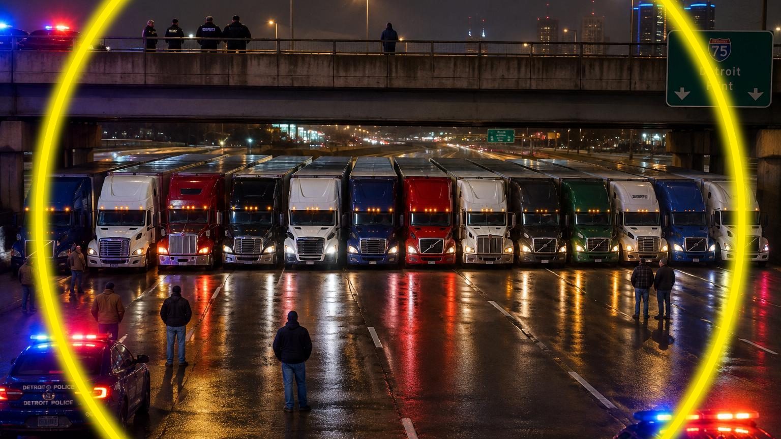 Treize camions semi-remorques alignés côte à côte sous un pont autoroutier la nuit, formant une barrière de secours pour prévenir une tentative de suicide.