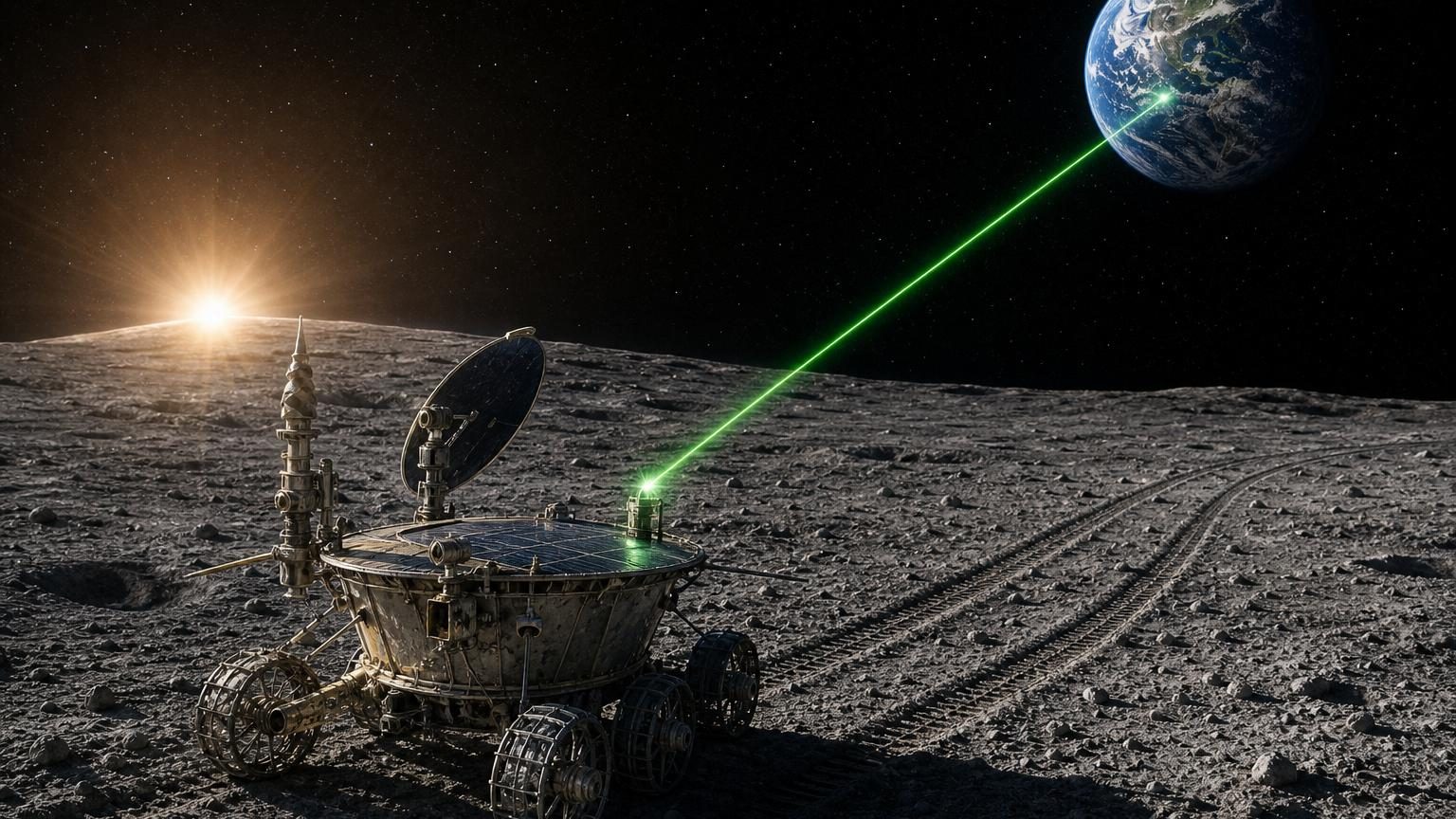 Illustration du rover soviétique Lunokhod immobilisé sur le sol gris et accidenté de la Lune, avec la Terre visible en arrière-plan dans l'espace noir