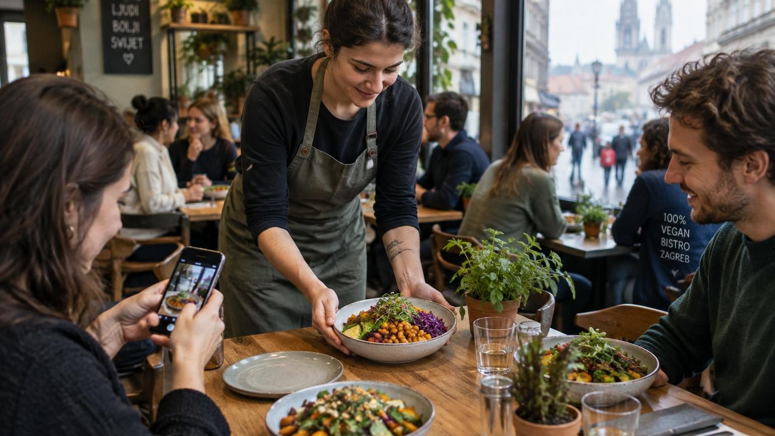 Intérieur chaleureux d'un restaurant bio avec service de plats végétaux, client omnivore dégustant une assiette biologique à Zagreb.