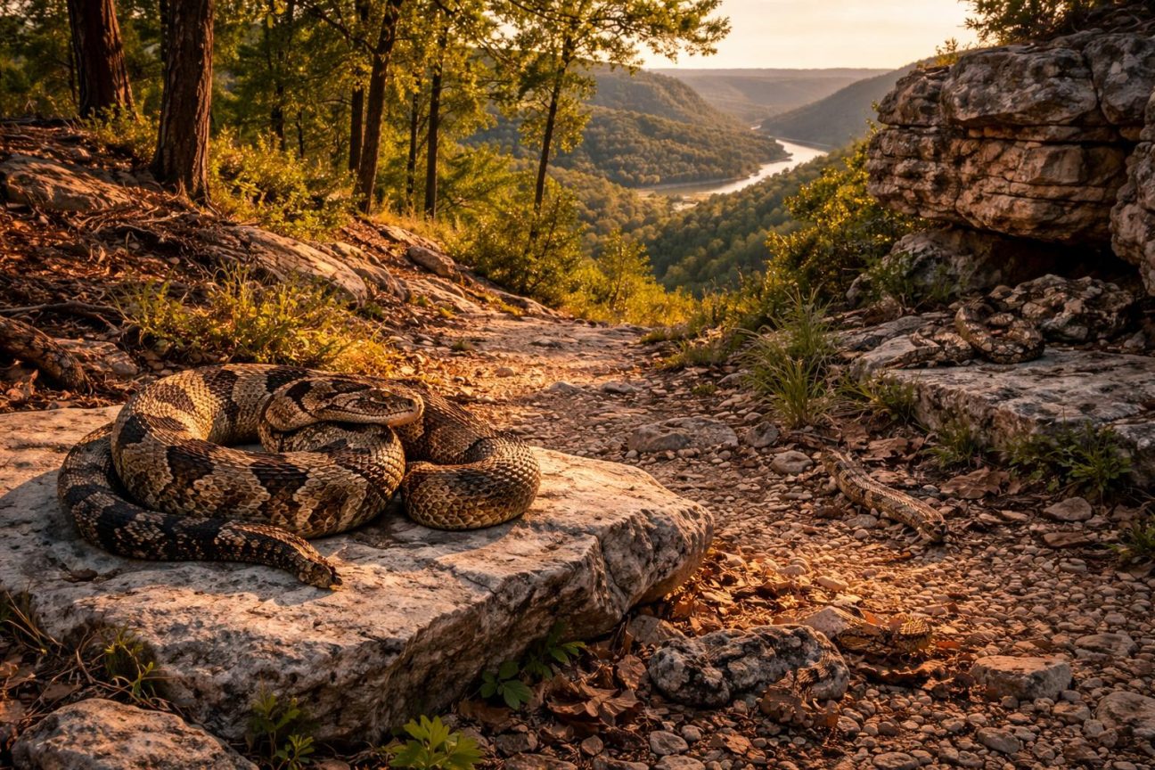 Un crotale enroulé sur une roche grise, exposé au soleil dans un paysage de falaises et de forêts des Ozarks du Missouri et d'Arkansas.