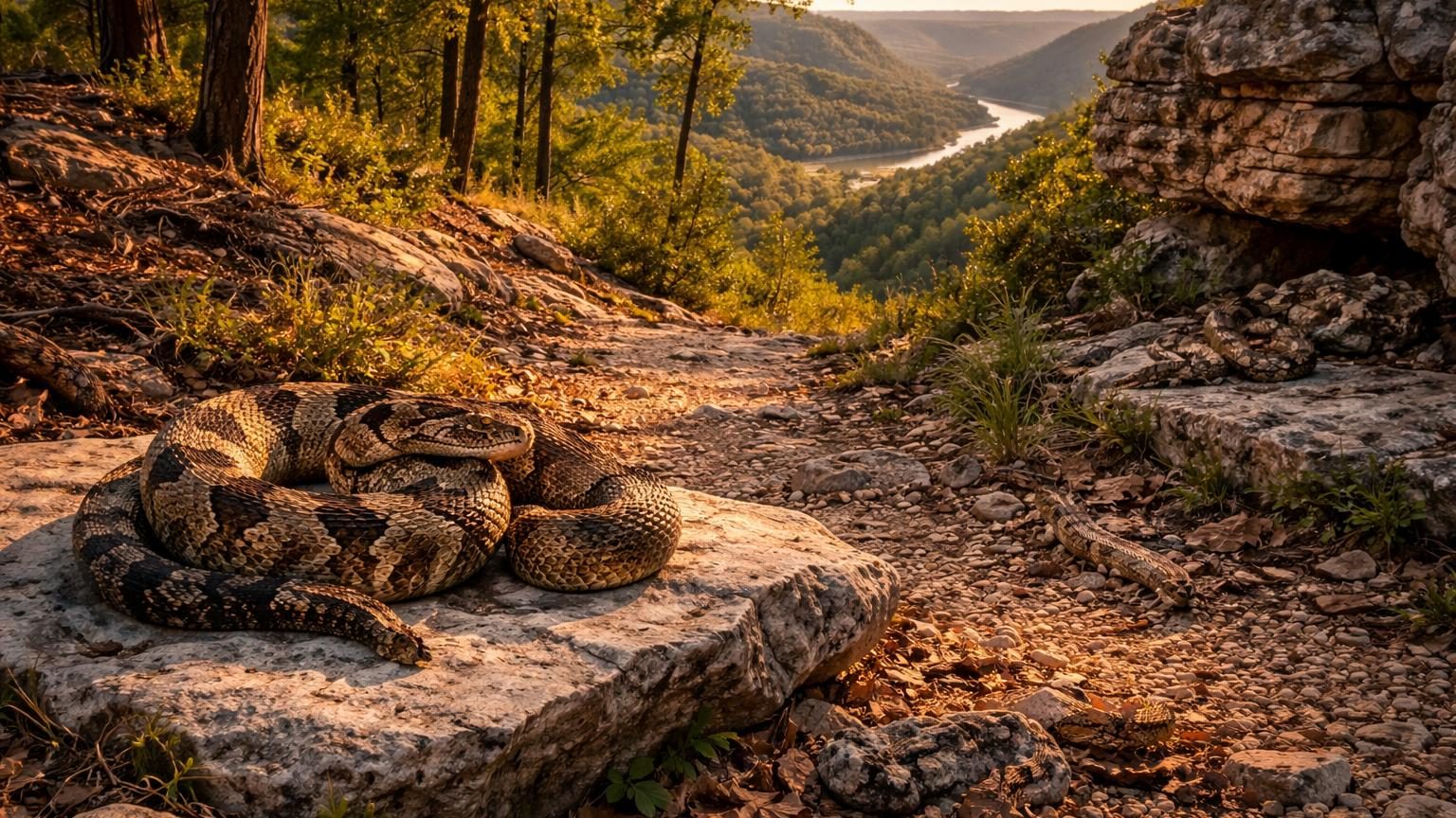 Un crotale enroulé sur une roche grise, exposé au soleil dans un paysage de falaises et de forêts des Ozarks du Missouri et d'Arkansas.