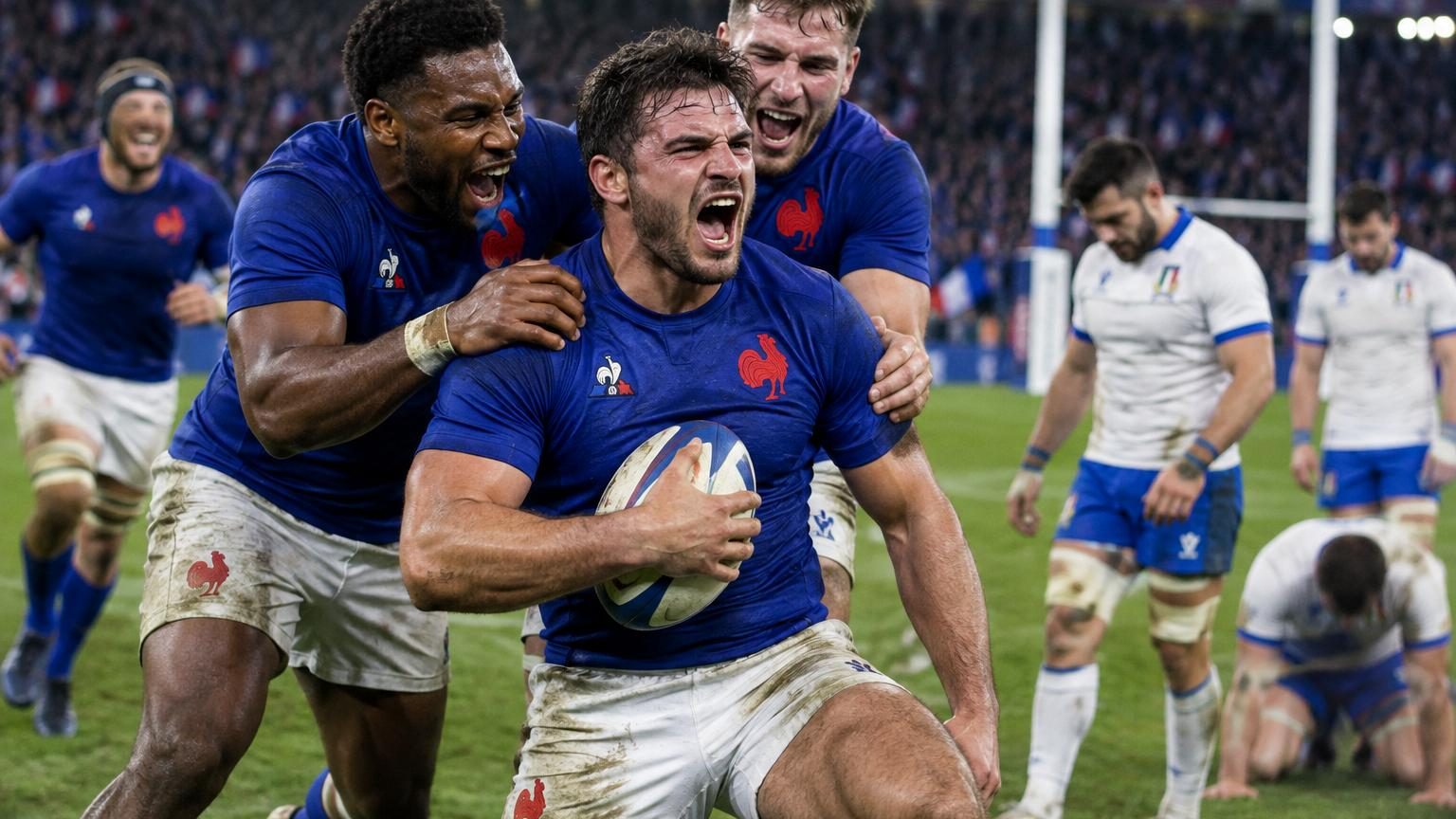 Joueurs du XV de France en maillot bleu dominant la rencontre face à l'Italie au Tournoi des six nations à Lyon