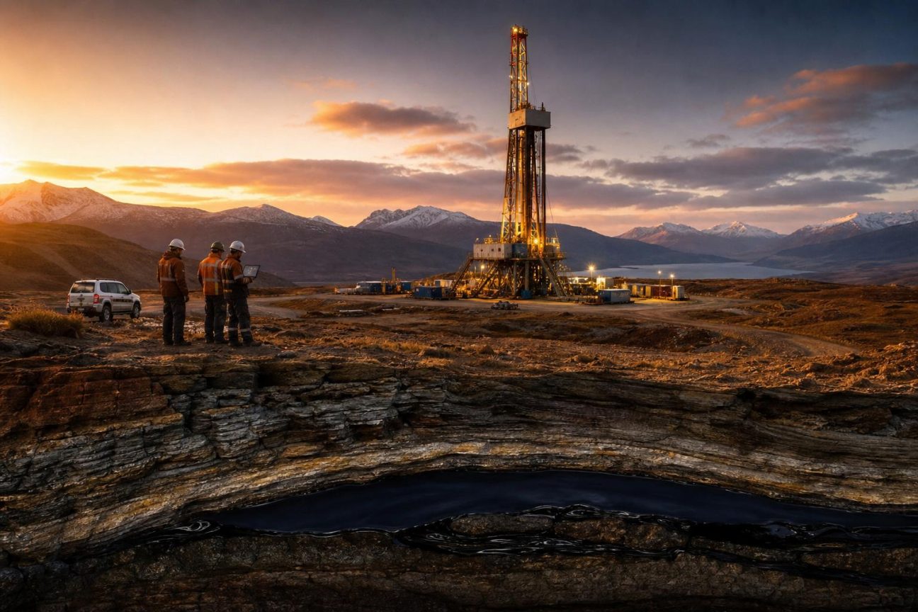 Étendue désertique aride sous ciel dégagé, symbolisant la zone géographique de la découverte pétrolière souterraine.