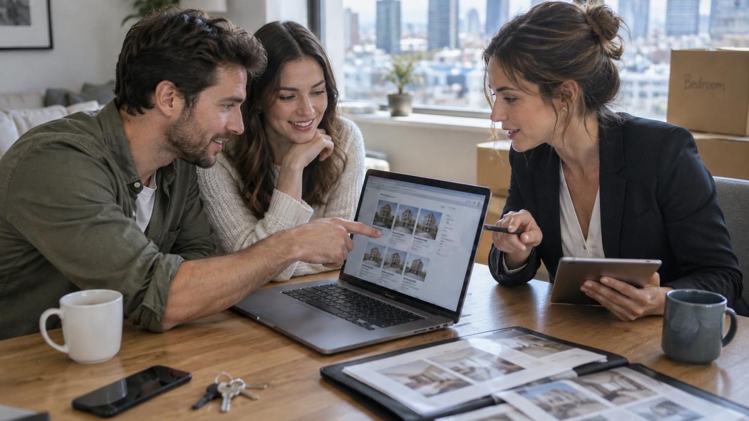 Interface numérique affichant une conversation avec une intelligence artificielle pour la recherche immobilière, avec des fiches de logements et critères de recherche en arrière-plan.