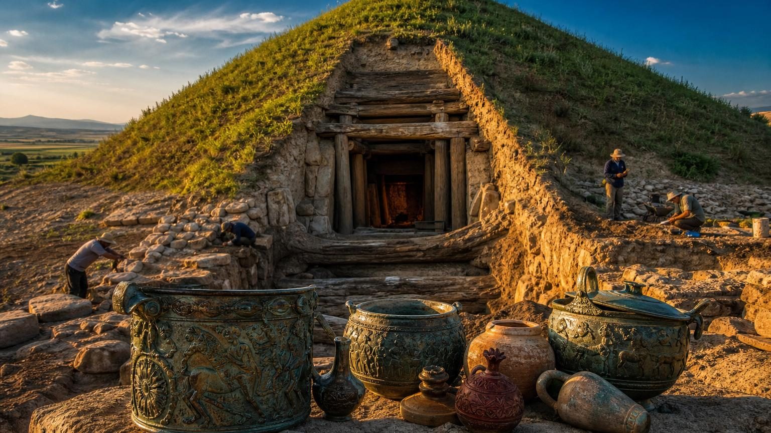 Vue aérienne d'un tumulus phrygien majestueux s'élevant de 30 mètres au-dessus de la plaine anatolienne, avec ses dimensions monumentales dominantes le paysage environnant.