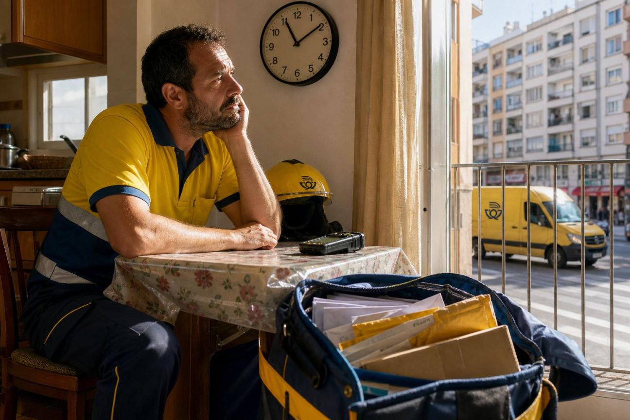 Facteur en uniforme postal descendant des marches d'immeuble avec un sac de distribution, gérant courrier et colis en zone urbaine.