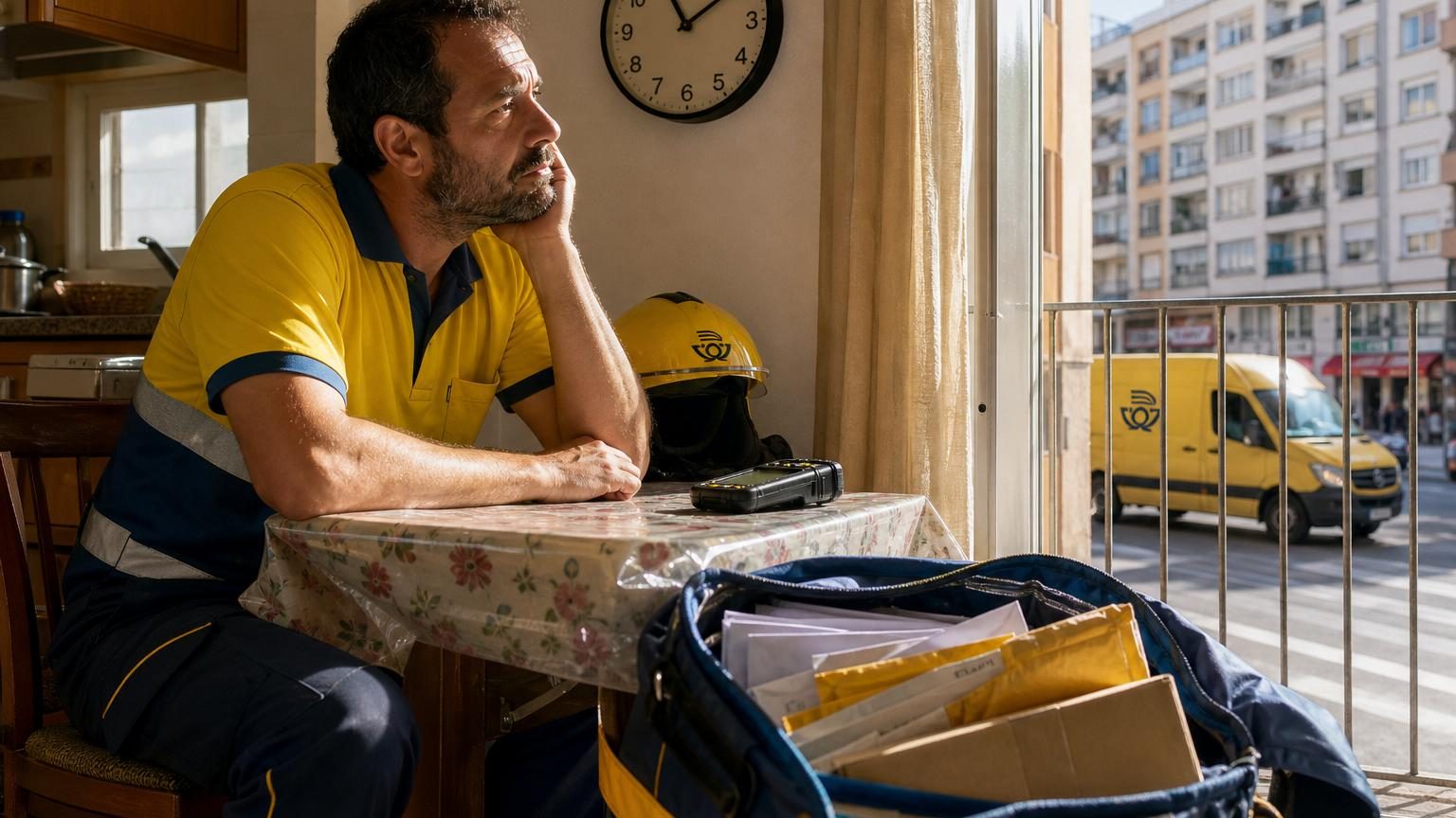 Facteur en uniforme postal descendant des marches d'immeuble avec un sac de distribution, gérant courrier et colis en zone urbaine.