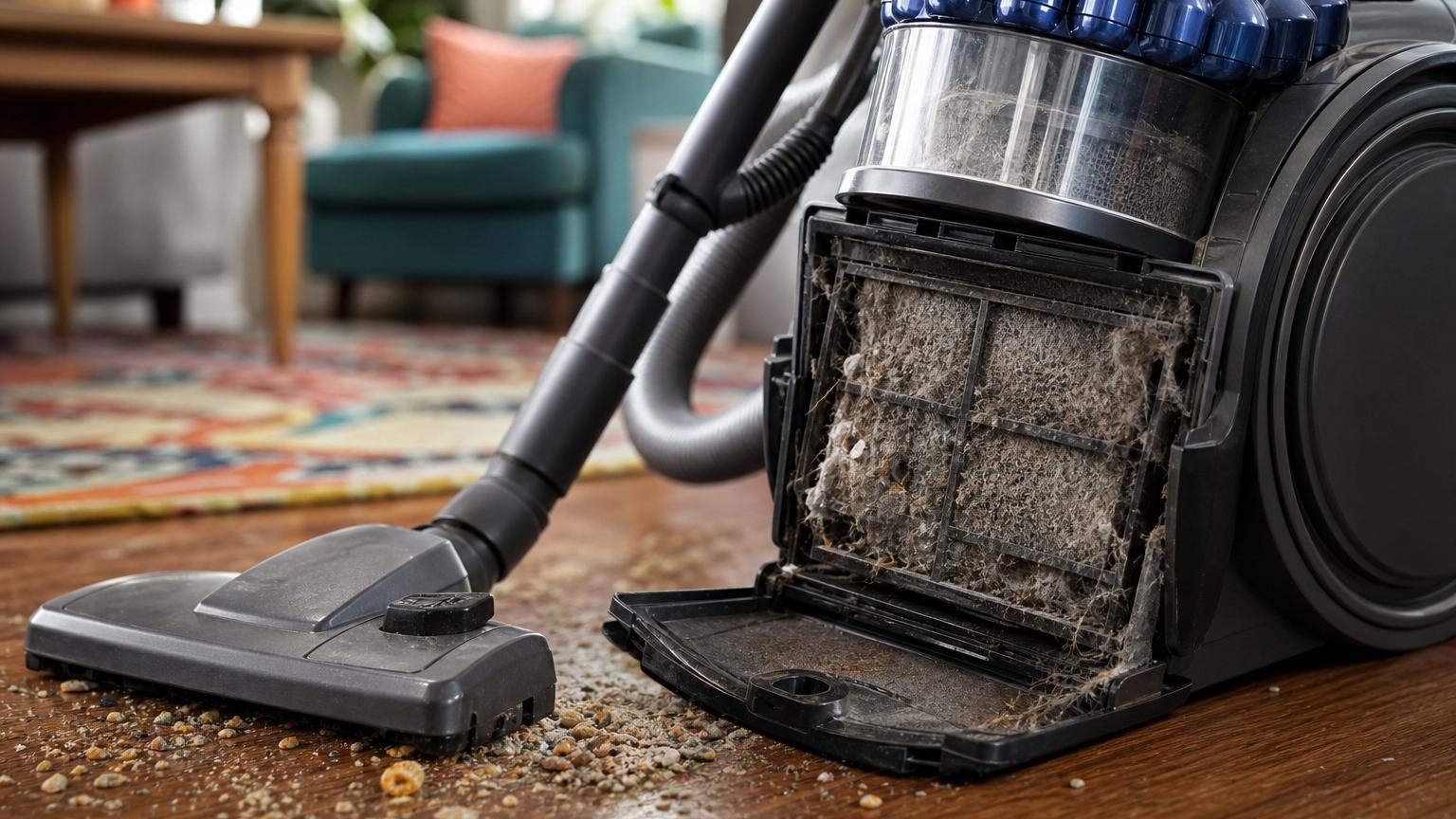 Un filtre gris encrassé retiré d'un aspirateur, montrant l'accumulation de poussière, de poils et de fibres qui réduisent la circulation d'air.